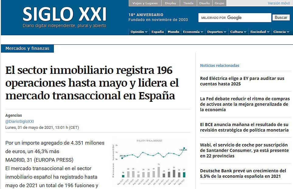 El sector inmobiliario registra 196 operaciones hasta mayo y lidera el mercado transaccional en Espaa